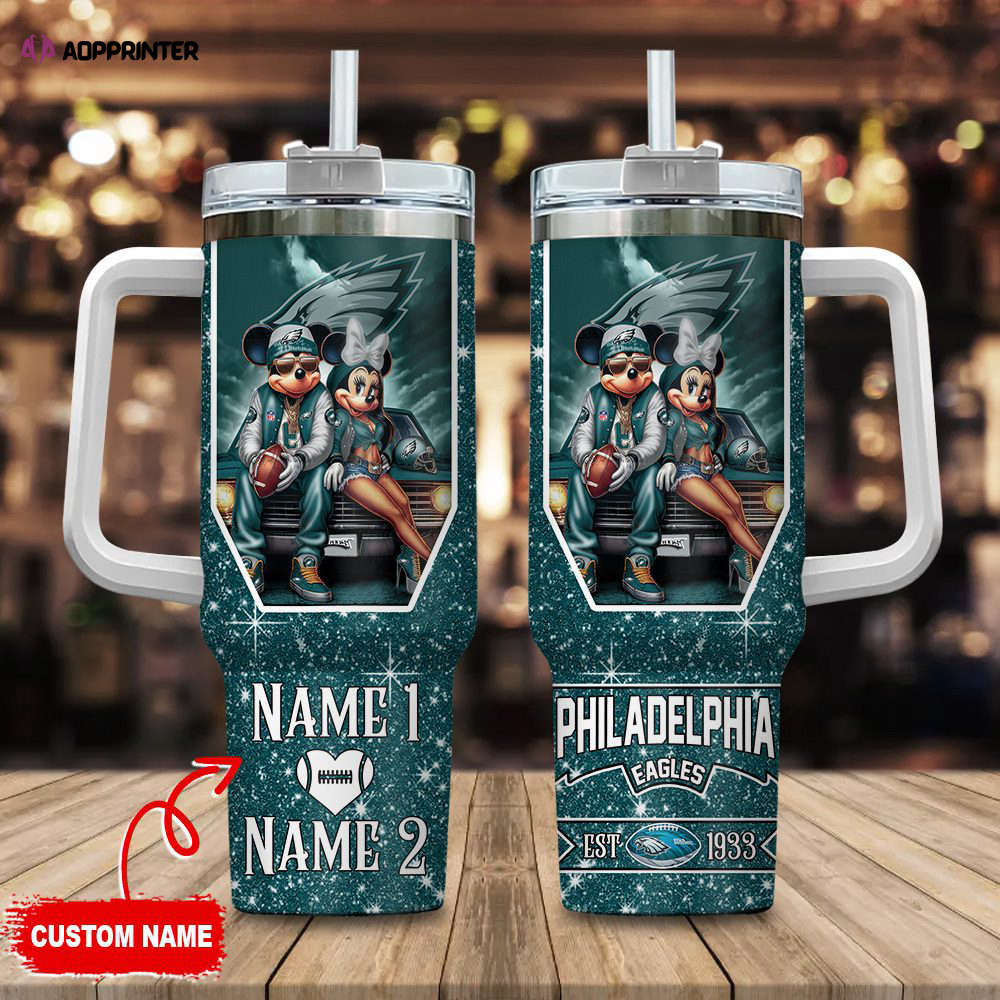 Philadelphia Eagles NFL Mickey And Minnie Couple 40oz Stanley Tumbler Custom Name Gift for Fans