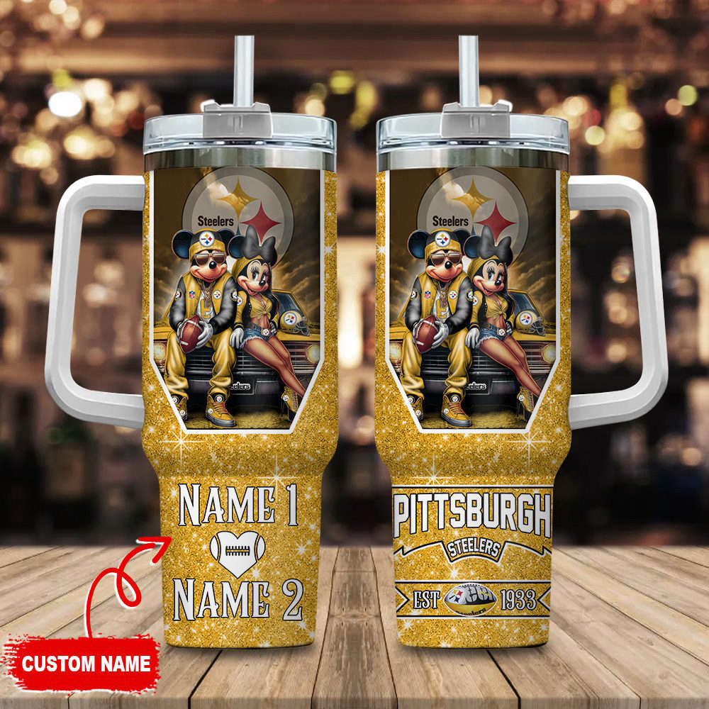 Pittsburgh Steelers NFL Mickey And Minnie Couple 40oz Stanley Tumbler Custom Name Gift for Fans