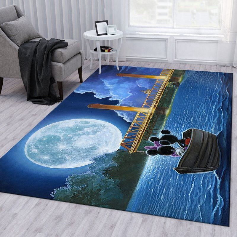 Disney Mickey and Minnie Watching Moon on Boat Drifting Rug Living Room Floor Decor Fan Gifts