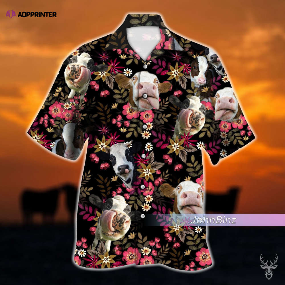 Floral Cow Hawaiian Shirt: Unisex Cow Lover Gift Beach & Farm Aloha Button Down S-5XL Adult