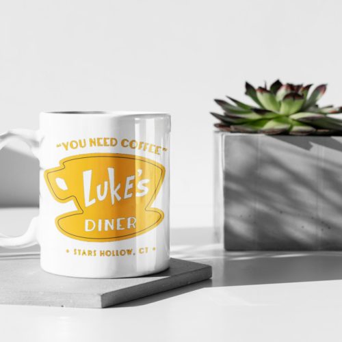 Luke’s Stars Hollow Diner Gilmore Girls Yellow Logo White 11 oz Ceramic Mug Gift