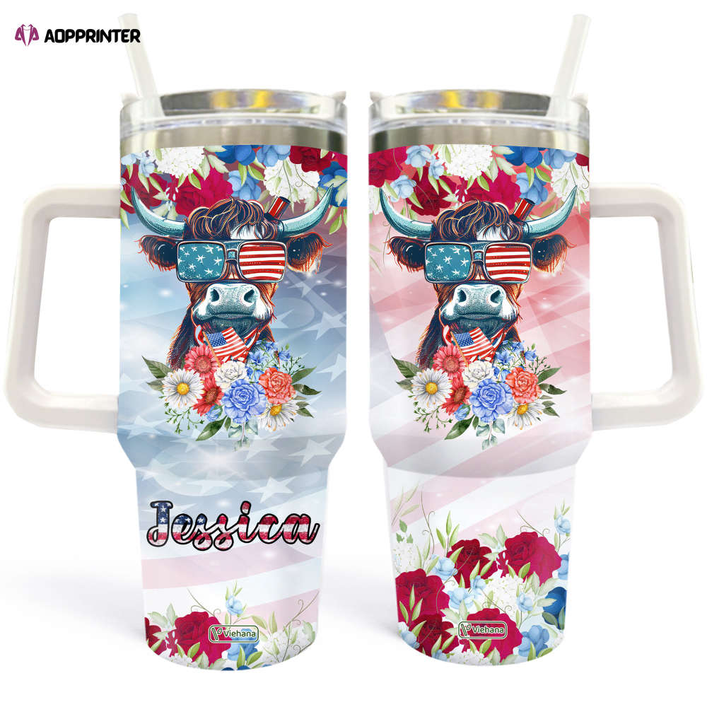 Custom Cow Lover Gifts: Cute Cow Printed Tumbler 40z with American Flag – Perfect Cow Mugs for Women