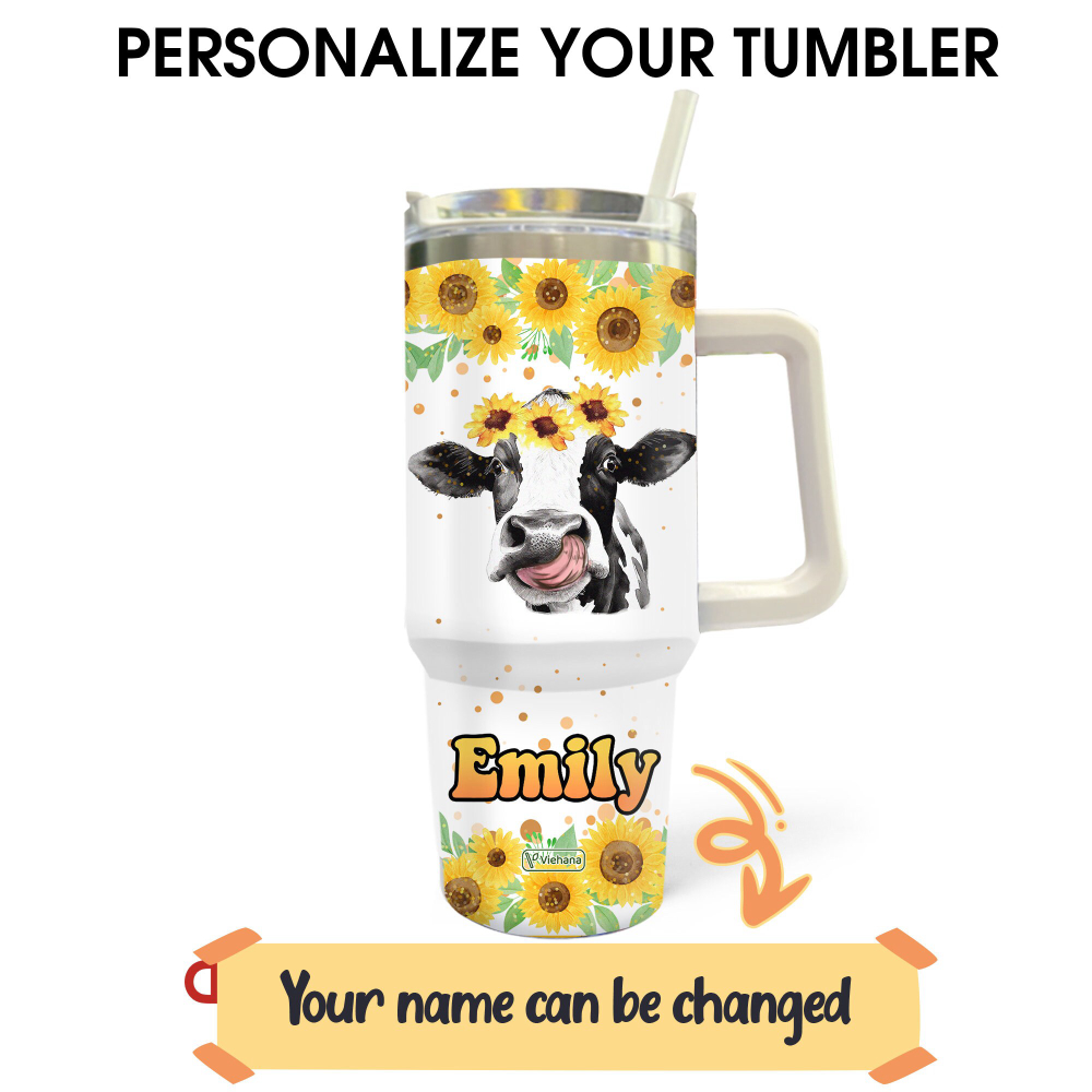 Custom 40oz Cow Lover Tumbler – Unique Gifts for Coworkers & Women Cow Print & Sunflower Design