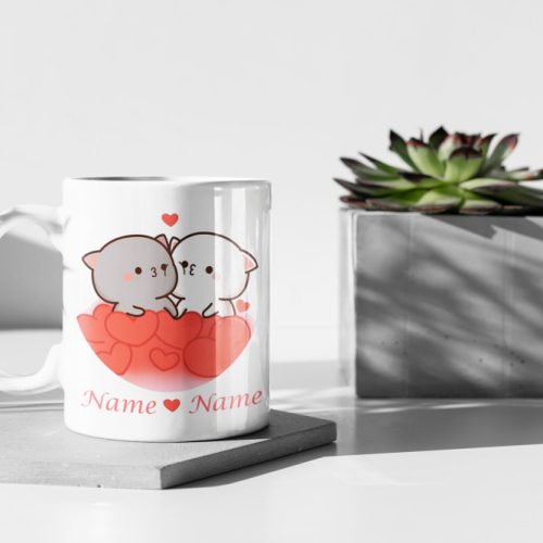 Personalized Mochi Peach And Goma Cute Cat Love Heart Cute Cartoon Pet Happy Valentine’s Day Gift 11 oz Ceramic Mug Gift