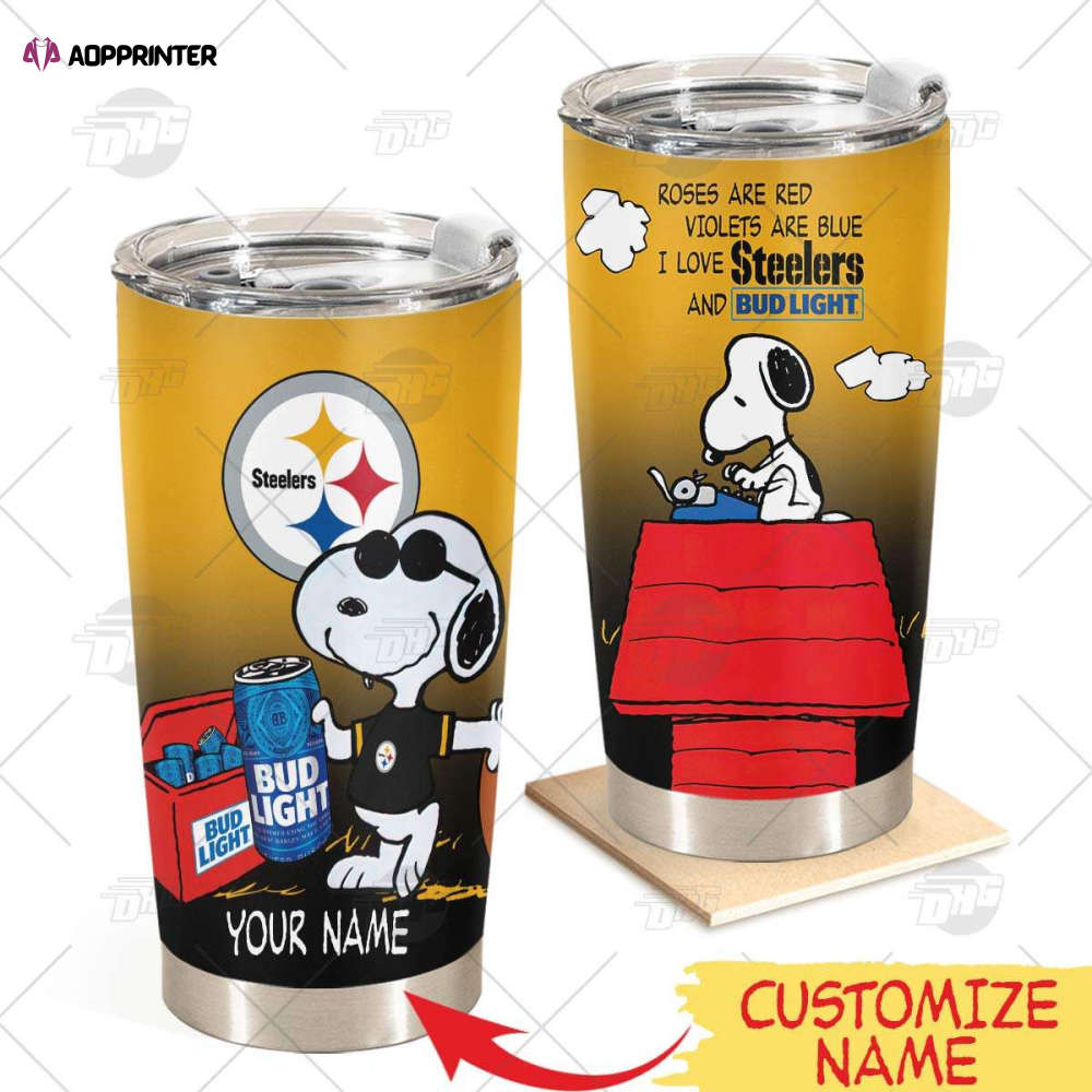 Personalized Pittsburgh Steelers Tumbler Snoopy BUD LIGHT Beer Lover Stainless Steel Tumbler 20oz 30oz