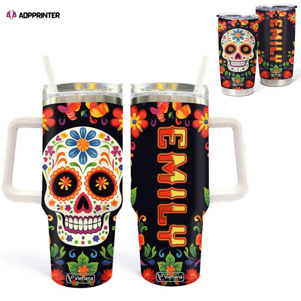 Personalized Sugar Skull Coffee Tumbler – 40oz 30oz 20oz – Mexican Sugar Jewelry for Women