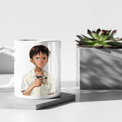 Shinji Holding A Mug, Text Anime, Birthday Party, Coffee Tea Anime Mug 11 oz Double Sided Ceramic Mug Gift