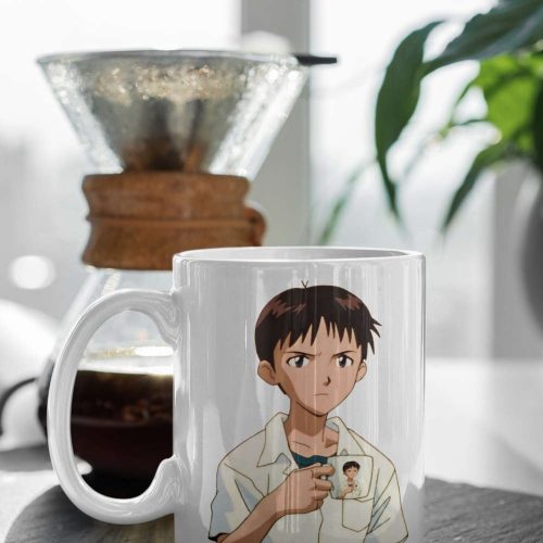 Shinji Holding A Mug, Text Anime, Birthday Party, Coffee Tea Anime Mug 11 oz Double Sided Ceramic Mug Gift