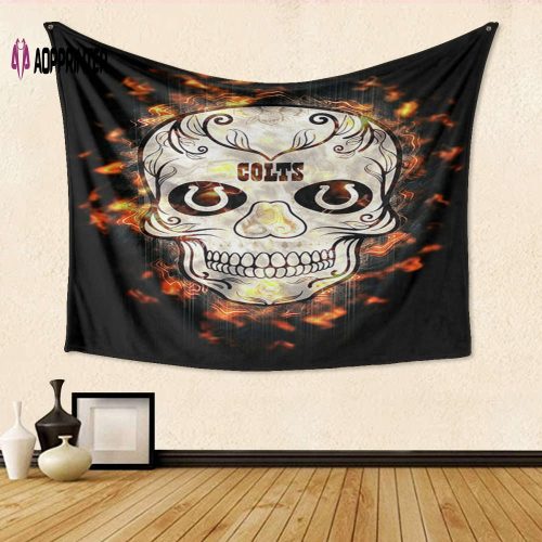 Indianapolis Colts Skull Fire Gift For Fan 3D Full Printing Tapestry