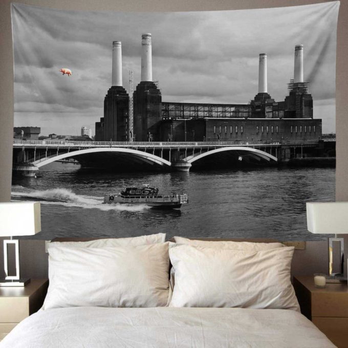 Pink Pig Over Battersea 3 Black & White Pink Floyd Tapestry