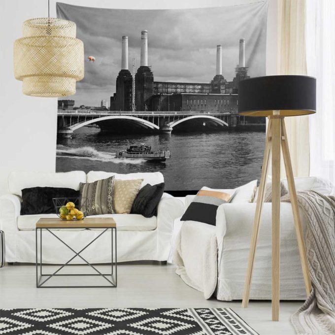 Pink Pig Over Battersea 3 Black & White Pink Floyd Tapestry