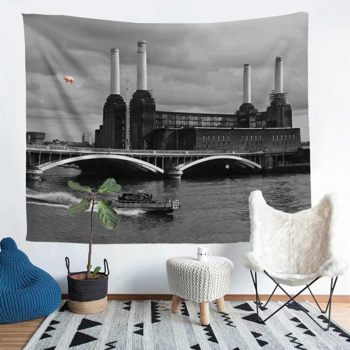 Pink Pig Over Battersea 3 Black & White Pink Floyd Tapestry