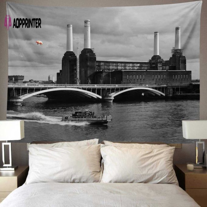 Pink Pig Over Battersea 3 Black & White Pink Floyd Tapestry