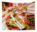 Super Bowl 49ers Party Table Settings – Red Gold & White Milleflore Images Tapestry