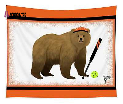 Softball Bear Orange College Mascot Designs Tapestry