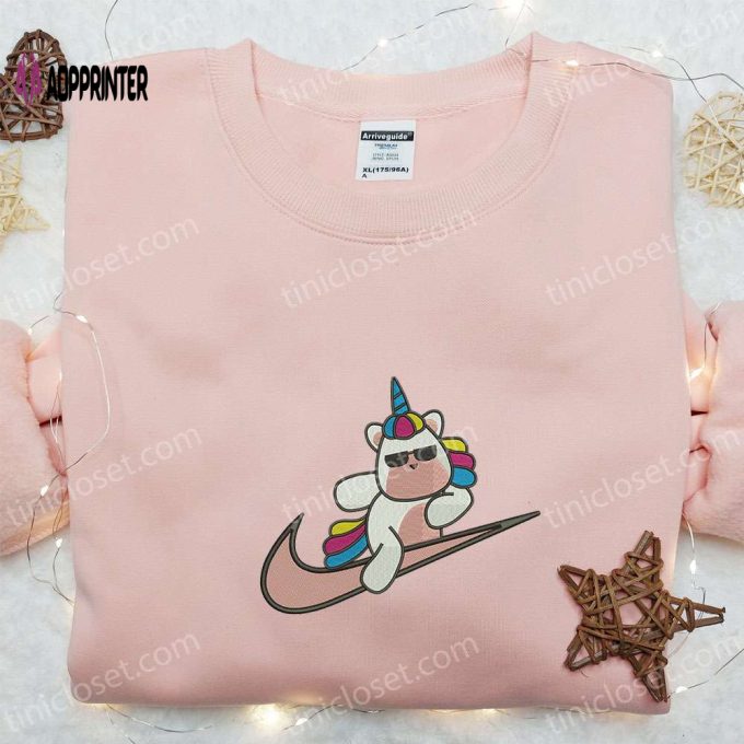 Cute Unicorn x Swoosh Cartoon Hoodie: Nike Inspired Embroidered Shirt Perfect Family Gift