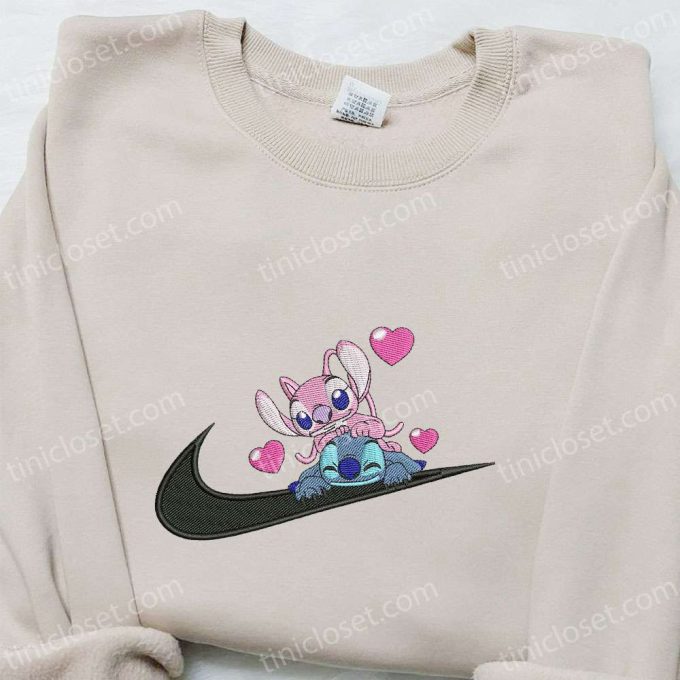 Stitch Angel Couple Love x Swoosh Hoodie Disney Characters Embroidered Shirt Best Family Gift Ideas