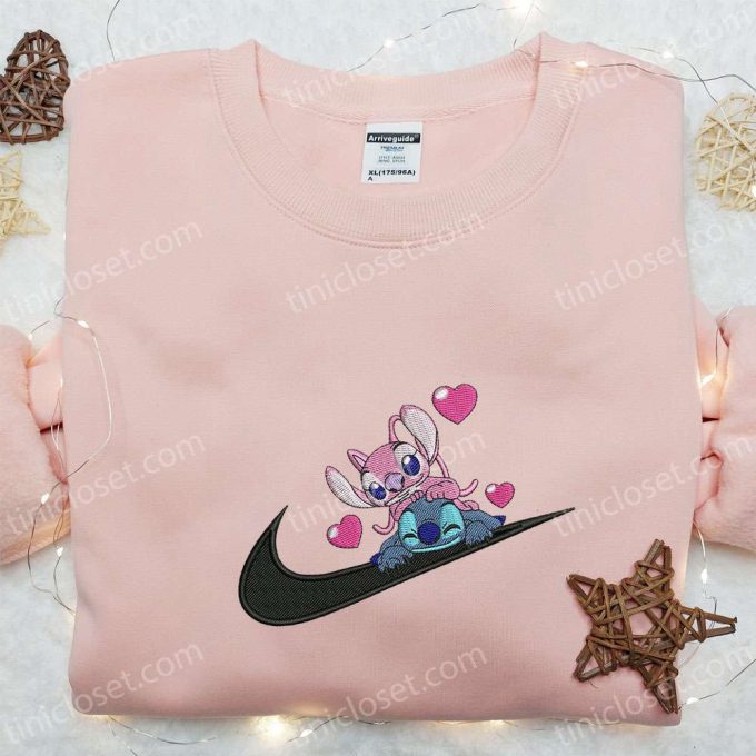 Stitch Angel Couple Love x Swoosh Hoodie Disney Characters Embroidered Shirt Best Family Gift Ideas