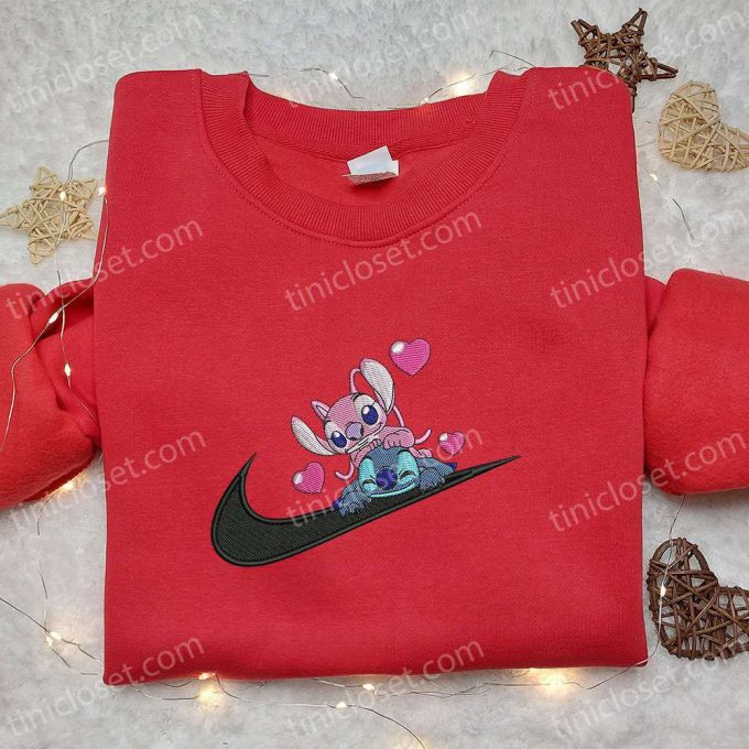 Stitch Angel Couple Love x Swoosh Hoodie Disney Characters Embroidered Shirt Best Family Gift Ideas