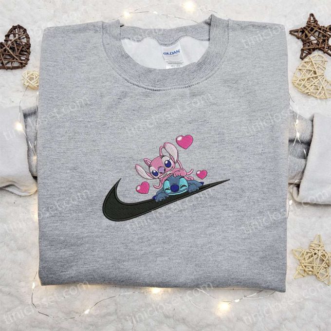 Stitch Angel Couple Love x Swoosh Hoodie Disney Characters Embroidered Shirt Best Family Gift Ideas