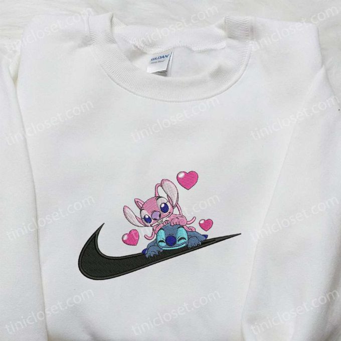 Stitch Angel Couple Love x Swoosh Hoodie Disney Characters Embroidered Shirt Best Family Gift Ideas