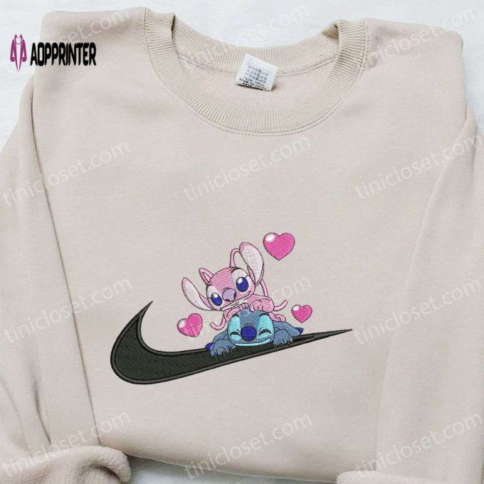 Stitch Angel Couple Love x Swoosh Hoodie Disney Characters Embroidered Shirt Best Family Gift Ideas