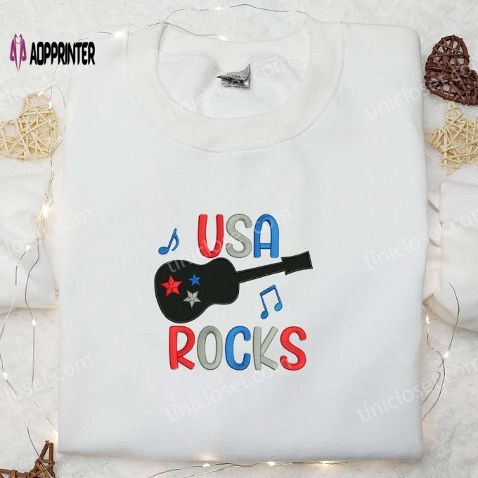 Rock 4th of July with USA Guitar Rocks Embroidered Shirt – Best Patriotic Shirts & National Day Gifts