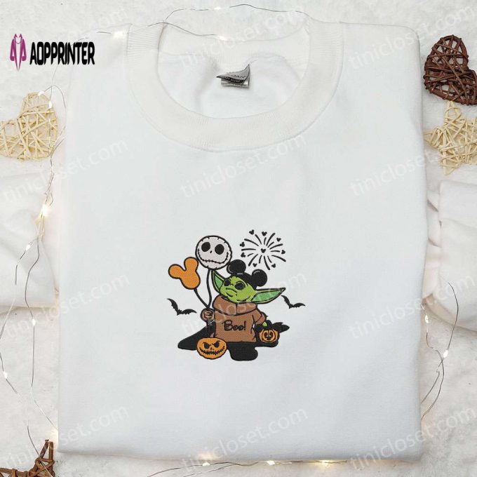 Baby Yoda Boo Jack Skellington Mickey Pumpkin Embroidered Sweatshirt: Halloween Movie Hoodie