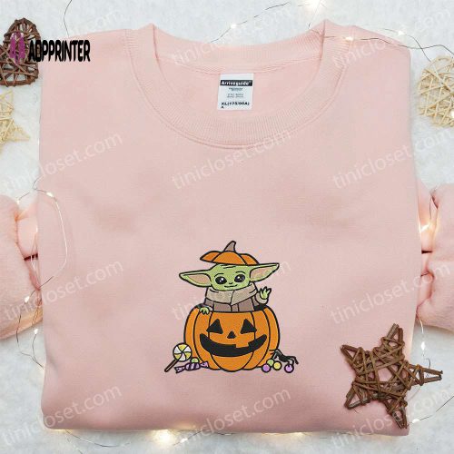 Baby Yoda Pumpkin Candy Embroidered Sweatshirt – Halloween Movie Hoodie & Shirt