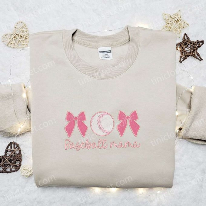 Baseball Mama Pink Bows Shirt & Hoodie: Best Mother’s Day Gift Idea Sports Embroidered Apparel