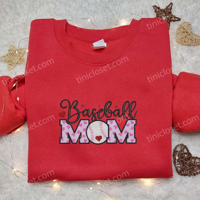 Baseball Mom Bows Hearts Embroidered Shirt & Hoodie: Perfect Mother’s Day Gift