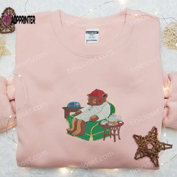 Adorable Christmas Bear Embroidered Shirt & Hoodie – Festive Animal Apparel