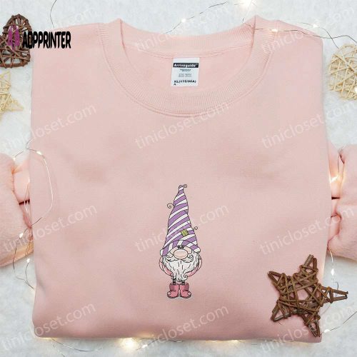 Cute Gnome Purple Embroidered Shirt Festive Christmas T-shirt Best Gift for Kids