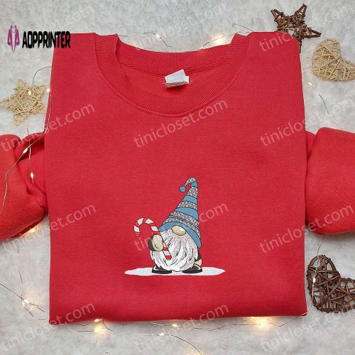 Cute Gnome Candy Cane Embroidered T-shirt – Best Christmas Gift for Family