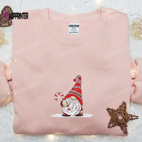 Cute Gnome With Candy Cane Embroidered T-shirt – Perfect Christmas Gift for Family