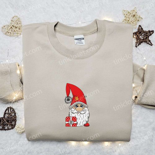 Cute Gnome With Gift Embroidered T-shirt: Best Christmas Gift Ideas For Family