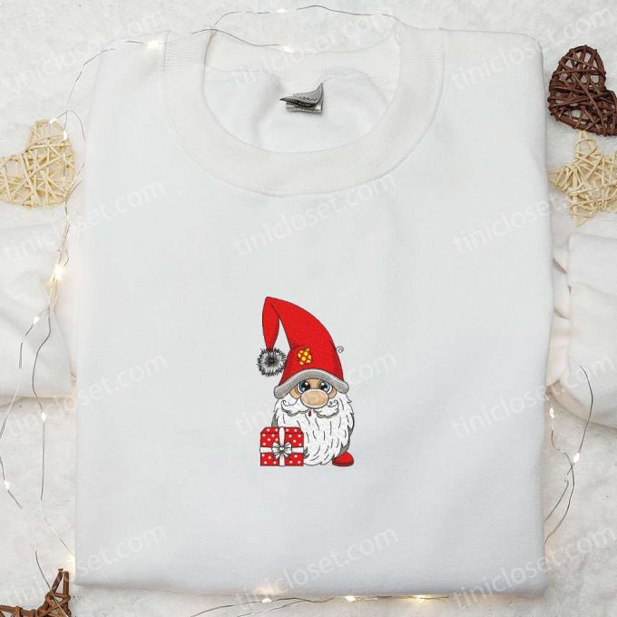 Cute Gnome With Gift Embroidered T-shirt: Best Christmas Gift Ideas For Family