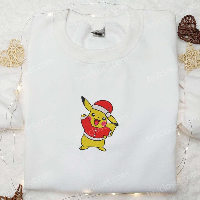 Cute Pikachu Christmas Embroidered T-shirt – Best Pokemon Gift Idea for Christmas