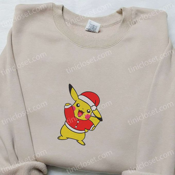 Cute Pikachu Christmas Embroidered T-shirt – Best Pokemon Gift Idea for Christmas