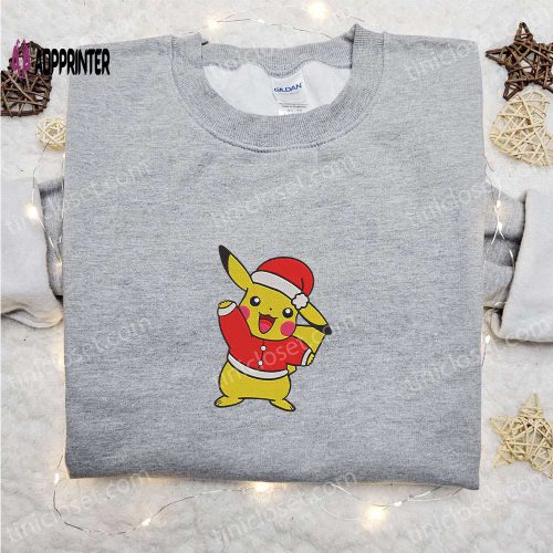 Cute Pikachu Christmas Embroidered T-shirt – Best Pokemon Gift Idea for Christmas