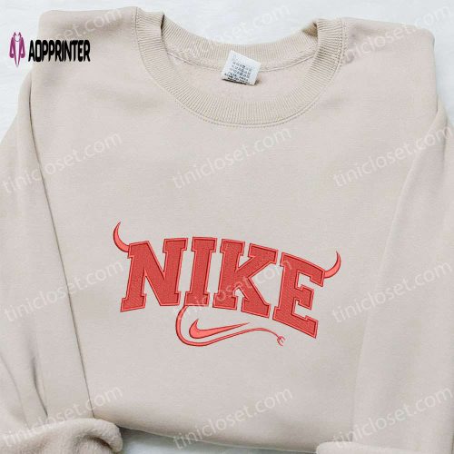 Devil x Swoosh Embroidered Sweatshirt: Nike Inspired Hoodie Perfect Halloween Gift for Family