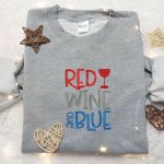 4th of July Red Wine & Blue Embroidered Shirt – Top Patriotic Gift for National Day