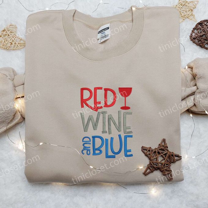 4th of July Red Wine & Blue Embroidered Shirt – Top Patriotic Gift for National Day