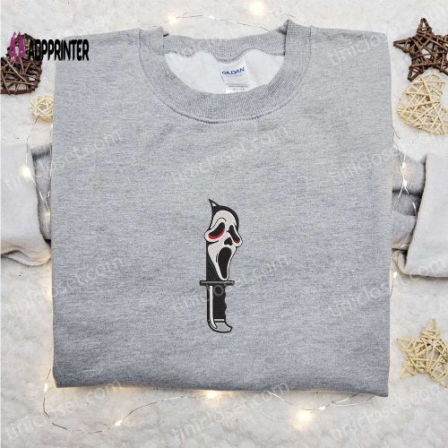 Spooky Ghostface Knife Embroidered Sweatshirt: Best Horror Movie Hoodie Perfect Halloween Gift