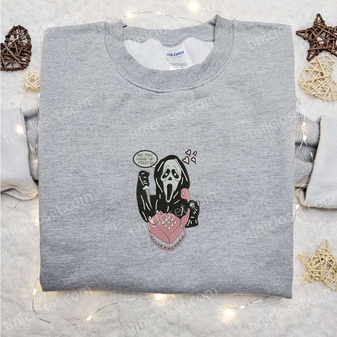 Ghostface No You Hang Up First Embroidered Sweatshirt – Horror Movie Hoodie for Funny Halloween