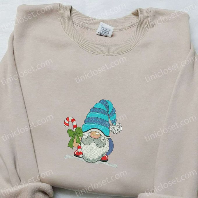 Christmas Gift Ideas: Gnome With Candy Cane Embroidered Hoodie & T-shirt