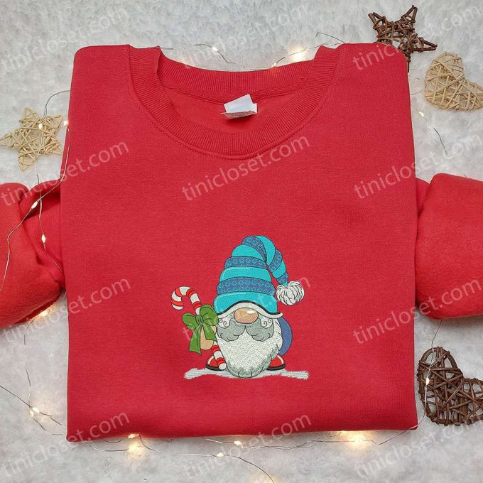 Christmas Gift Ideas: Gnome With Candy Cane Embroidered Hoodie & T-shirt