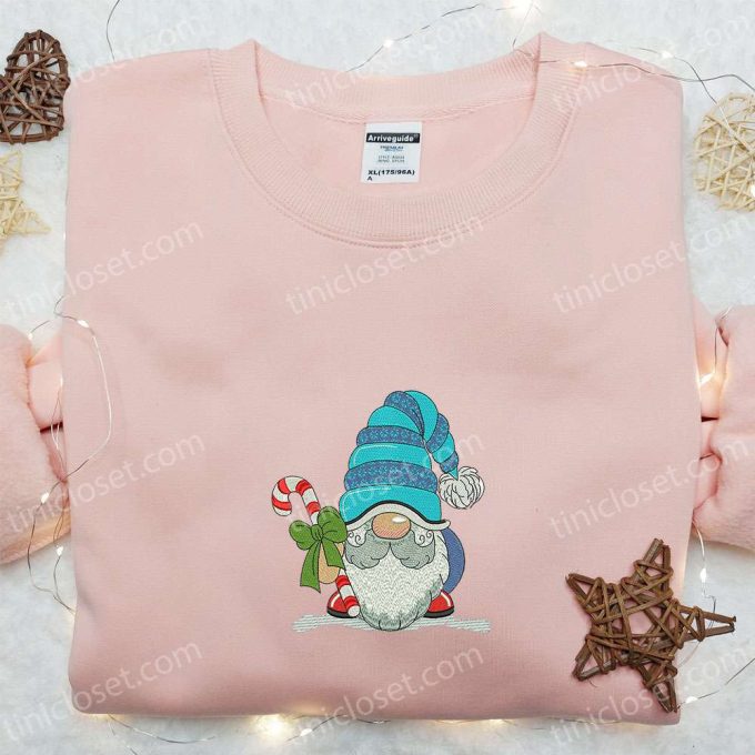 Christmas Gift Ideas: Gnome With Candy Cane Embroidered Hoodie & T-shirt