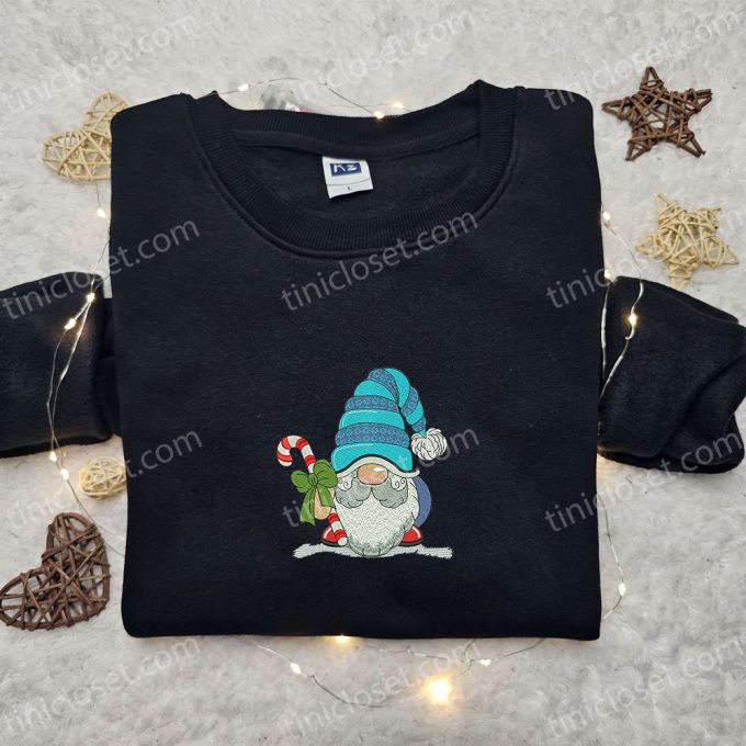 Christmas Gift Ideas: Gnome With Candy Cane Embroidered Hoodie & T-shirt