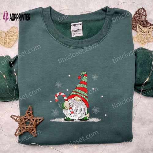 Gnome With Candy Cane Sweatshirt: Festive Christmas Embroidered Gift